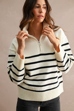 Load image into Gallery viewer, NEWEST ARRIVAL Cream/Black Striped Half Zip Mock Neck Sweater
