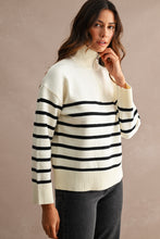 Load image into Gallery viewer, NEWEST ARRIVAL Cream/Black Striped Half Zip Mock Neck Sweater
