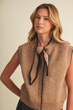 Load image into Gallery viewer, NEWEST ARRIVAL Mocha/Black Scallop Trim Neck Tie Ribbed Knit Vest

