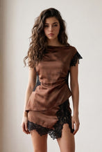Load image into Gallery viewer, NEWEST ARRIVAL Brown/Black Lace Satin Skirt Set
