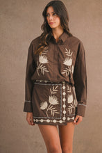 Load image into Gallery viewer, NEWEST ARRIVAL Brown Floral Embroidered Button Down Mini Skirt Set
