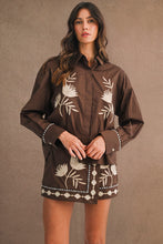 Load image into Gallery viewer, NEWEST ARRIVAL Brown Floral Embroidered Button Down Mini Skirt Set
