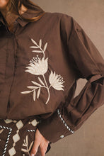 Load image into Gallery viewer, NEWEST ARRIVAL Brown Floral Embroidered Button Down Mini Skirt Set
