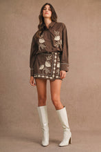 Load image into Gallery viewer, NEWEST ARRIVAL Brown Floral Embroidered Button Down Mini Skirt Set
