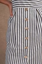 Load image into Gallery viewer, NEWEST ARRIVAL Navy or Brown Striped Fitted Waist Midi Dress
