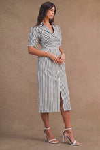 Load image into Gallery viewer, NEWEST ARRIVAL Navy or Brown Striped Fitted Waist Midi Dress
