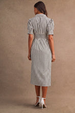 Load image into Gallery viewer, NEWEST ARRIVAL Navy or Brown Striped Fitted Waist Midi Dress
