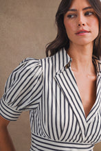 Load image into Gallery viewer, NEWEST ARRIVAL Navy or Brown Striped Fitted Waist Midi Dress
