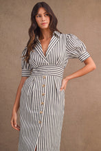 Load image into Gallery viewer, NEWEST ARRIVAL Navy or Brown Striped Fitted Waist Midi Dress
