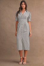 Load image into Gallery viewer, NEWEST ARRIVAL Navy or Brown Striped Fitted Waist Midi Dress
