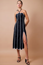 Load image into Gallery viewer, NEWEST ARRIVAL Black/White Suede Scallop Trim Midi Halter Dress
