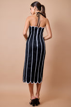 Load image into Gallery viewer, NEWEST ARRIVAL Black/White Suede Scallop Trim Midi Halter Dress
