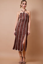 Load image into Gallery viewer, NEWEST ARRIVAL Brown/Tan Suede Scallop Trim Midi Halter Dress
