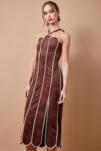 Load image into Gallery viewer, NEWEST ARRIVAL Brown/Tan Suede Scallop Trim Midi Halter Dress
