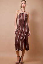 Load image into Gallery viewer, NEWEST ARRIVAL Brown/Tan Suede Scallop Trim Midi Halter Dress
