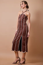 Load image into Gallery viewer, NEWEST ARRIVAL Brown/Tan Suede Scallop Trim Midi Halter Dress
