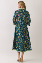 Load image into Gallery viewer, NEWEST ARRIVAL Teal/Green Botanical Print Button Down Midi Dress
