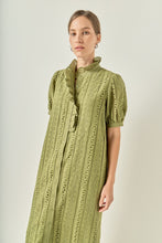 Load image into Gallery viewer, NEWEST ARRIVAL Deep Olive Eyelet Puff Sleeve Midi Dress
