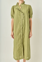 Load image into Gallery viewer, NEWEST ARRIVAL Deep Olive Eyelet Puff Sleeve Midi Dress
