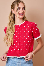 Load image into Gallery viewer, NEWEST ARRIVAL Red/White Polka Dot Lettuce Trim Cardigan
