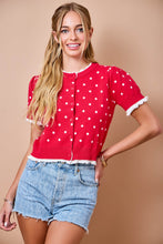Load image into Gallery viewer, NEWEST ARRIVAL Red/White Polka Dot Lettuce Trim Cardigan

