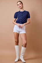 Load image into Gallery viewer, NEWEST ARRIVAL Navy/White Polka Dot Lettuce Trim Cardigan
