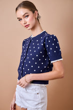 Load image into Gallery viewer, NEWEST ARRIVAL Navy/White Polka Dot Lettuce Trim Cardigan
