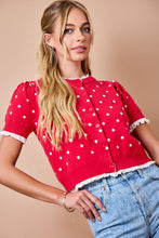 Load image into Gallery viewer, NEWEST ARRIVAL Red/White Polka Dot Lettuce Trim Cardigan
