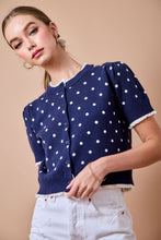 Load image into Gallery viewer, NEWEST ARRIVAL Navy/White Polka Dot Lettuce Trim Cardigan
