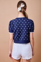 Load image into Gallery viewer, NEWEST ARRIVAL Navy/White Polka Dot Lettuce Trim Cardigan
