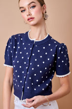 Load image into Gallery viewer, NEWEST ARRIVAL Navy/White Polka Dot Lettuce Trim Cardigan
