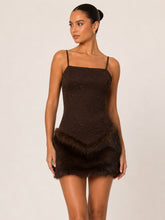 Load image into Gallery viewer, NEWEST ARRIVAL Brown Faux Fur Bottom Trim Slip Dress
