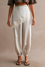 Load image into Gallery viewer, NEWEST ARRIVAL Black Satin Asymmetrical Lace Trim Jogger Pants
