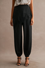 Load image into Gallery viewer, NEWEST ARRIVAL Black Satin Asymmetrical Lace Trim Jogger Pants
