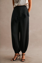 Load image into Gallery viewer, NEWEST ARRIVAL Black Satin Asymmetrical Lace Trim Jogger Pants

