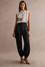 Load image into Gallery viewer, NEWEST ARRIVAL Black Satin Asymmetrical Lace Trim Jogger Pants
