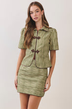 Load image into Gallery viewer, NEWEST ARRIVAL Olive Green Striped Split Front Toggle Closure Mini Skirt Set
