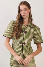Load image into Gallery viewer, NEWEST ARRIVAL Olive Green Striped Split Front Toggle Closure Mini Skirt Set

