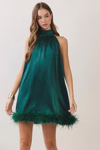 Load image into Gallery viewer, NEWEST ARRIVAL *PREORDER 9/6* Hunter Green Satin Feather Trim Halter Dress

