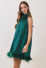 Load image into Gallery viewer, NEWEST ARRIVAL *PREORDER 9/6* Hunter Green Satin Feather Trim Halter Dress
