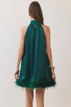 Load image into Gallery viewer, NEWEST ARRIVAL *PREORDER 9/6* Hunter Green Satin Feather Trim Halter Dress
