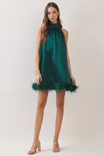 Load image into Gallery viewer, NEWEST ARRIVAL *PREORDER 9/6* Hunter Green Satin Feather Trim Halter Dress
