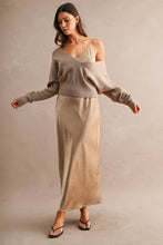 Load image into Gallery viewer, NEWEST ARRIVAL Light Mocha Satin Sweater Midi Dress Set
