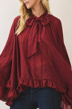 Load image into Gallery viewer, NEWEST ARRIVAL *PREORDER 9/24* Burgundy Ruffle Tie Neck Poncho Top
