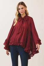 Load image into Gallery viewer, NEWEST ARRIVAL *PREORDER 9/24* Burgundy Ruffle Tie Neck Poncho Top

