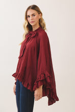 Load image into Gallery viewer, NEWEST ARRIVAL *PREORDER 9/24* Burgundy Ruffle Tie Neck Poncho Top
