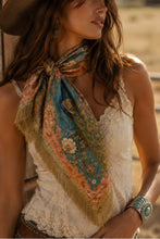 Load image into Gallery viewer, NEWEST ARRIVAL Satin Teal Peacock Print Tassel Fringe Scarf
