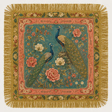 Load image into Gallery viewer, NEWEST ARRIVAL Satin Teal Peacock Print Tassel Fringe Scarf
