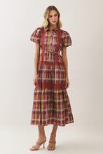 Load image into Gallery viewer, NEWEST ARRIVAL *PREORDER 9/24* Burgundy Plaid Lace Trim Tiered Midi Dress
