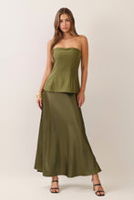 Load image into Gallery viewer, NEWEST ARRIVAL Olive Strapless Corset Bodice Satin Maxi Dress
